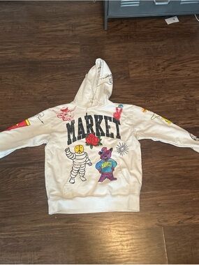 Market Graphic White Pullover Hoodie with Colorful Prints